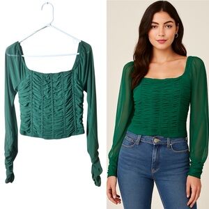 Jolie & Joy Emerald Green Ruched Mesh Long Sleeve Blouse Large Milkmaid Party‎